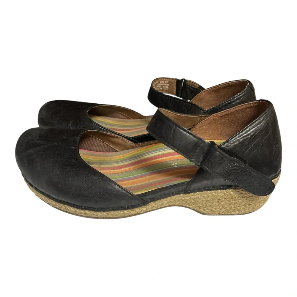 Dansko Jute Mary Jane Black Leather Clog Shoes - Picture 3 of 7
